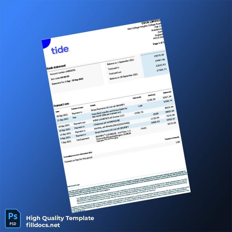UK ClearBank Limited Bank Statement Template in Word and PDF formats