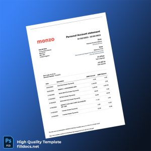UK Monzo Bank Statement Template in Word and PDF formats
