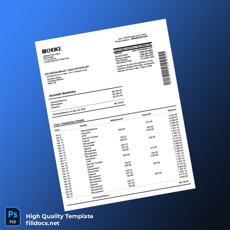 USA Choice Bank Bank Statement Template in Word and PDF formats