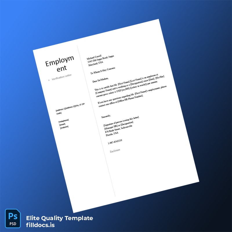 Fillable USA Company Name Employment Verification Letter Template - Word/PDF Template Preview - FillDocs