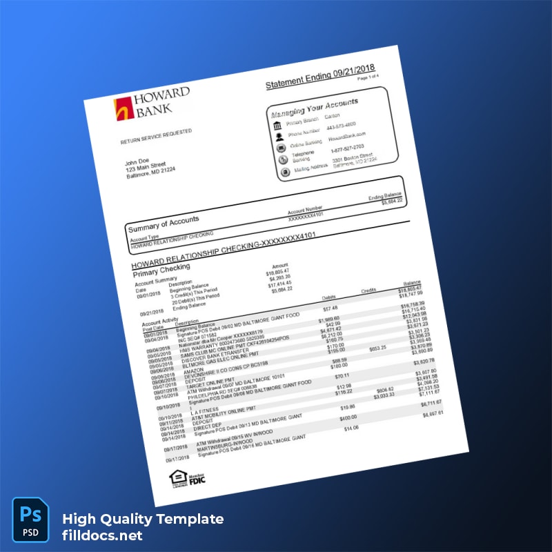USA Howard Bank Statement Template in Word and PDF formats
