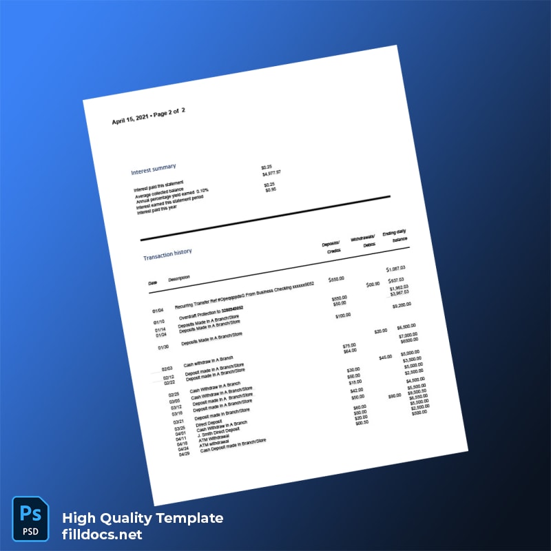 USA Huntington National Bank Statement Template in Word and PDF formats page 2