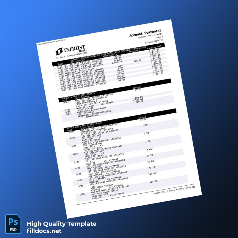 USA INTRUST Bank Statement Template in Word and PDF formats page 2