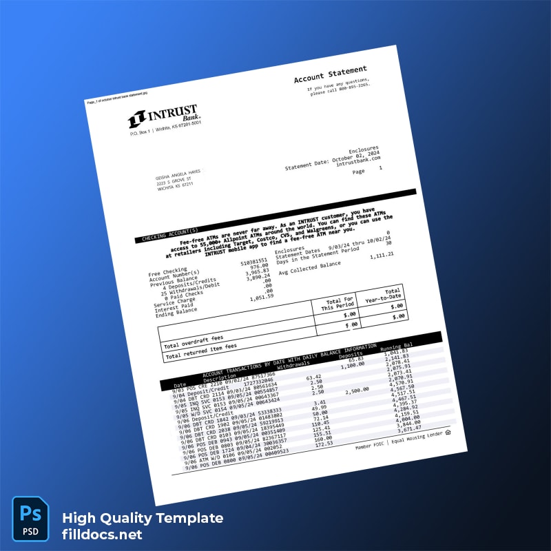 USA INTRUST Bank Statement Template in Word and PDF formats