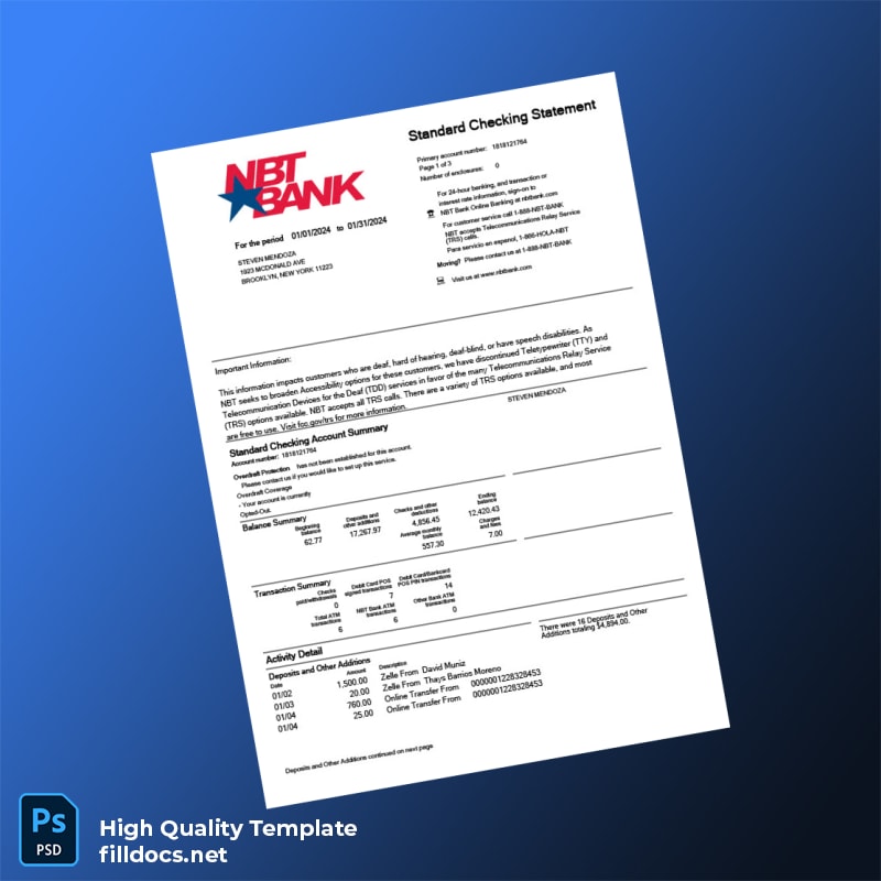 USA NBT Bank Statement Template in Word and PDF formats