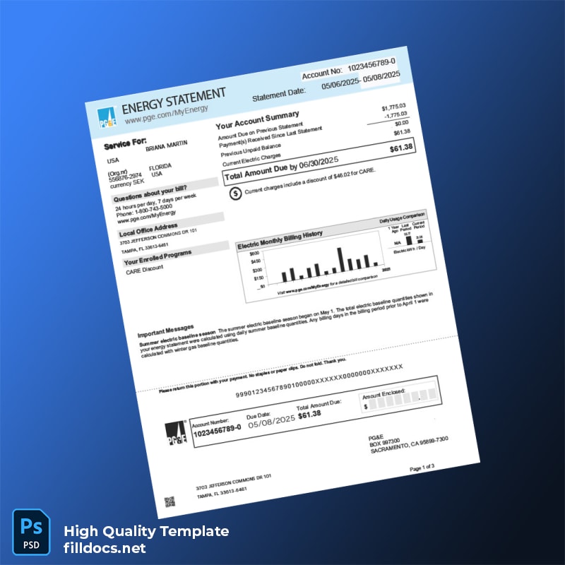 USA PG E Editable Bank Statement Template in Word and PDF formats