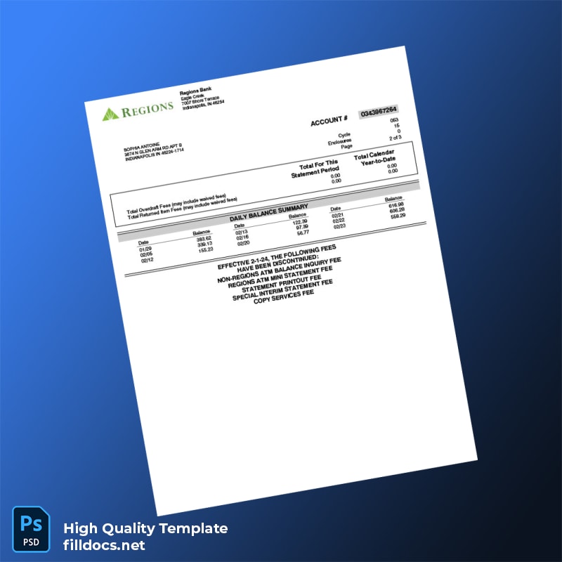 USA Regions Bank Personal Banking Statement Template in Word and PDF formats page 2