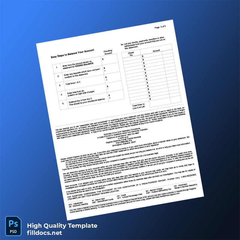 USA Regions Bank Personal Banking Statement Template in Word and PDF formats page 3