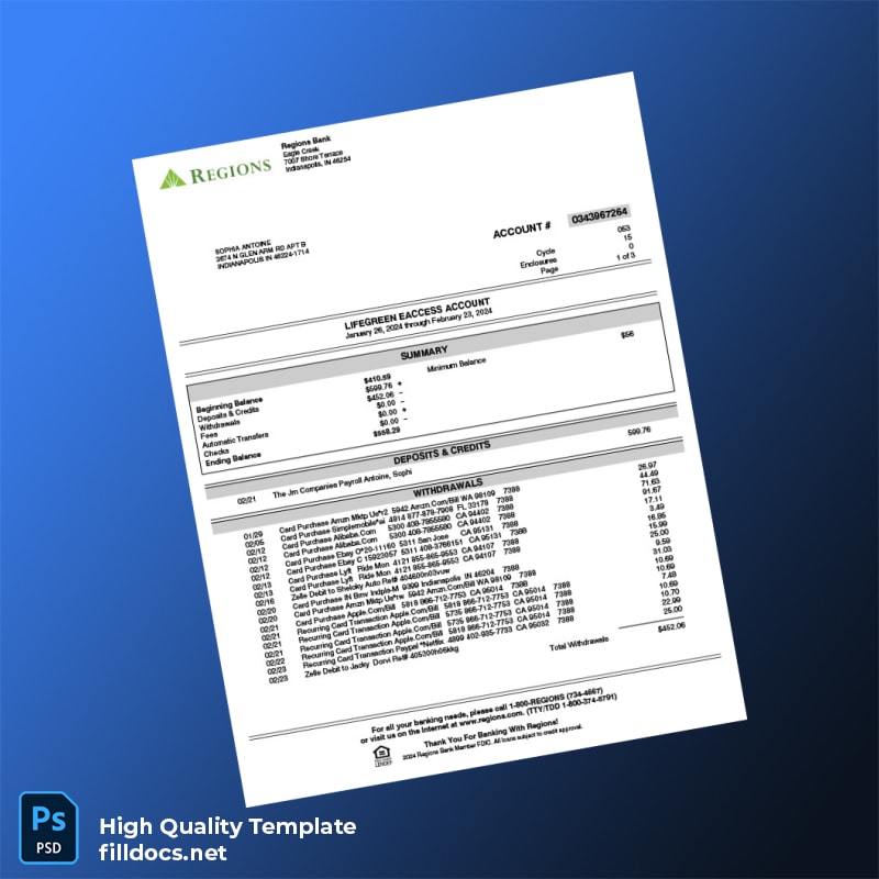 USA Regions Bank Personal Banking Statement Template in Word and PDF formats
