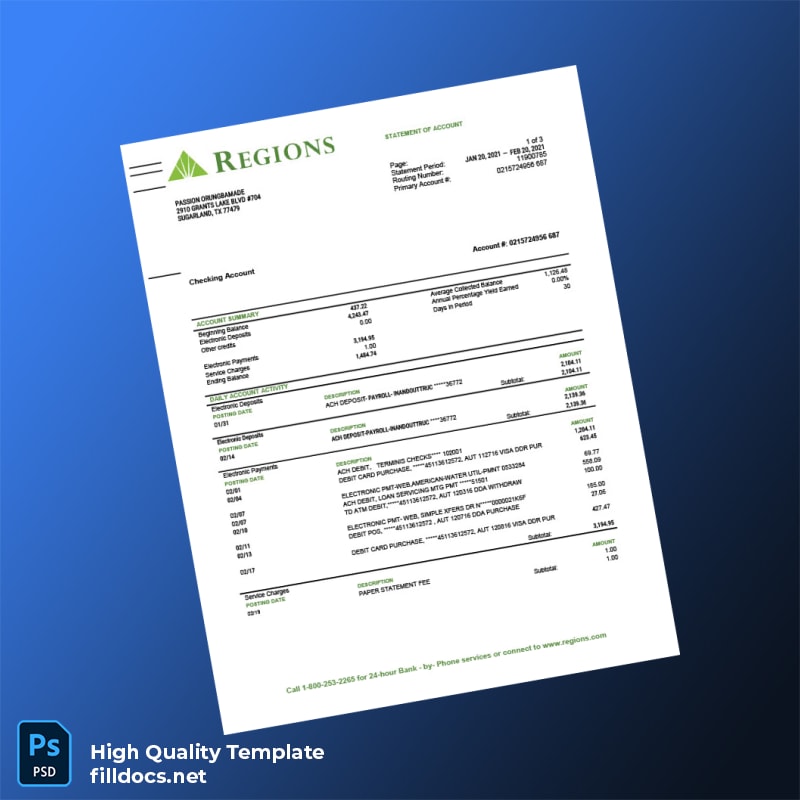 USA Regions Bank Statement Template in Word and PDF formats