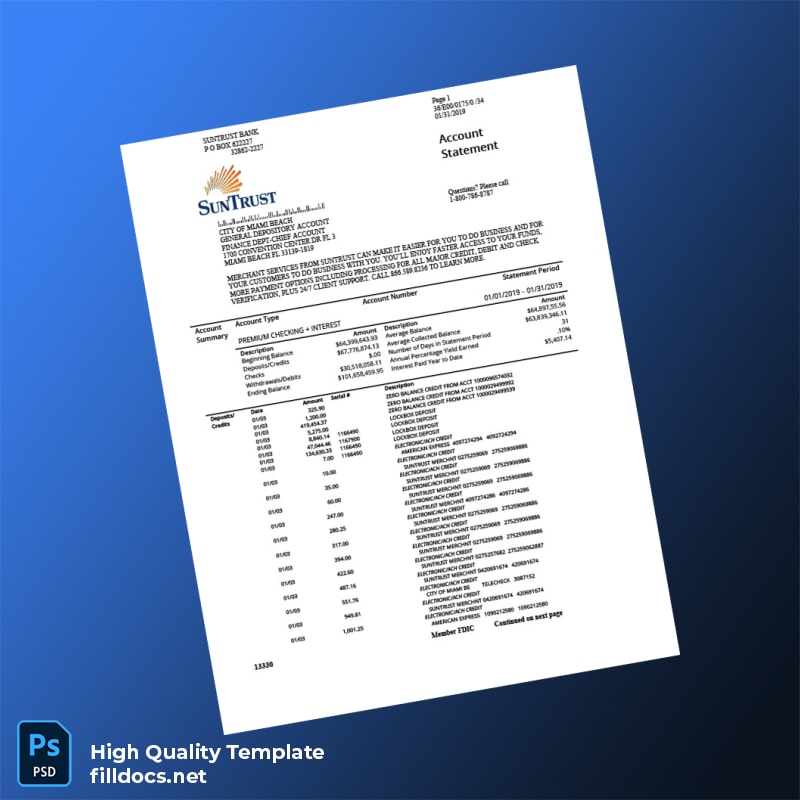 USA SunTrust Bank Statement Template in Word and PDF formats