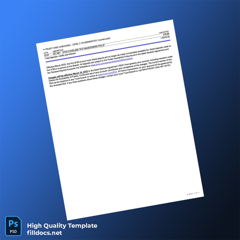 USA Truist Bank Statement Template in Word and PDF formats page 2