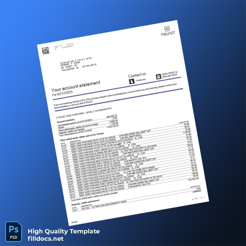 USA Truist Bank Statement Template in Word and PDF formats