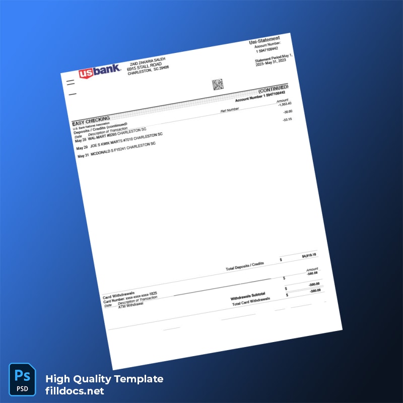 USA U S Bank Bank Statement Template in Word and PDF formats page 2