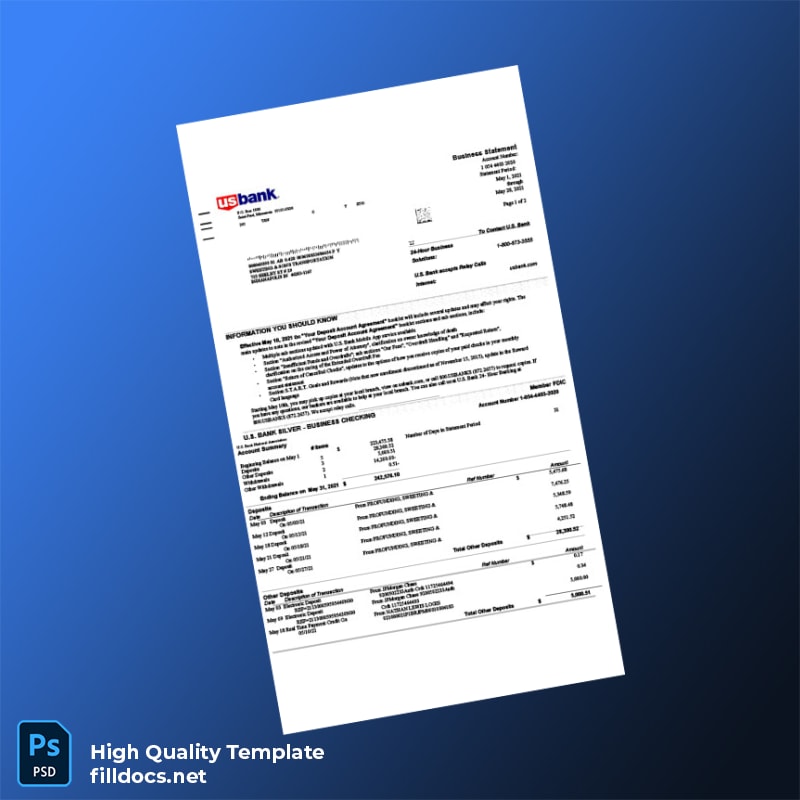 USA US Bank Business Statement Template in Word and PDF formats
