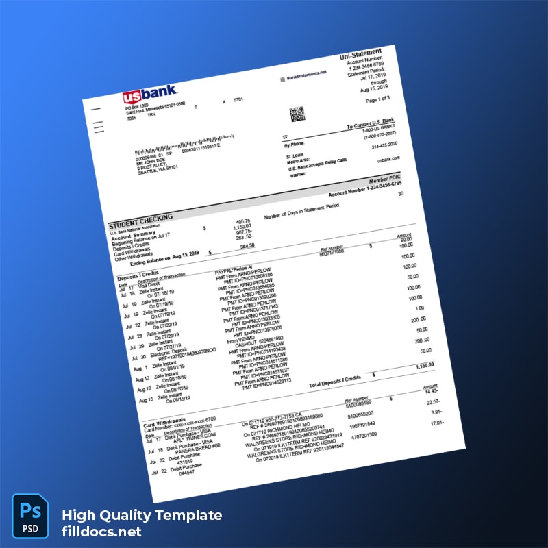 USA US Bank Statement Template in Word and PDF formats