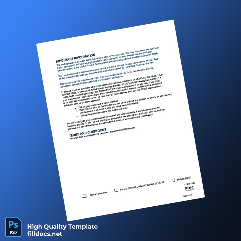 USA USAA Federal Savings Bank Account Statement Template in Word and PDF formats page 4