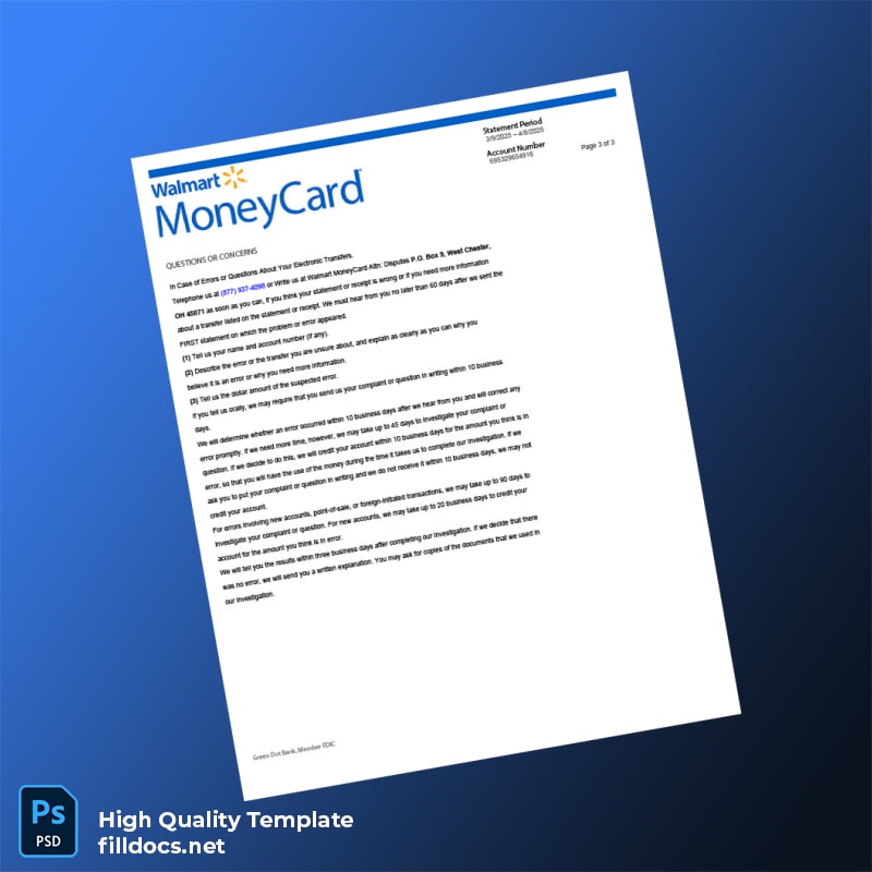 USA Walmart Money Card Bank Statement Template in Word and PDF formats page 3