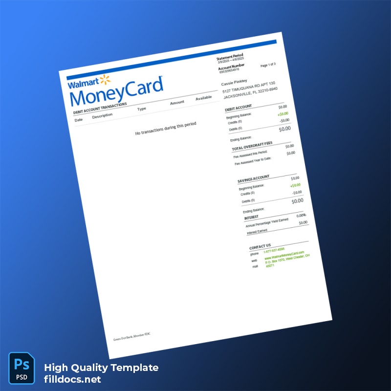 USA Walmart Money Card Bank Statement Template in Word and PDF formats