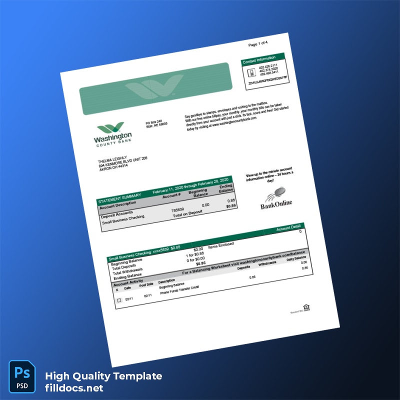 USA Washington County Bank Statement Template in Word and PDF formats