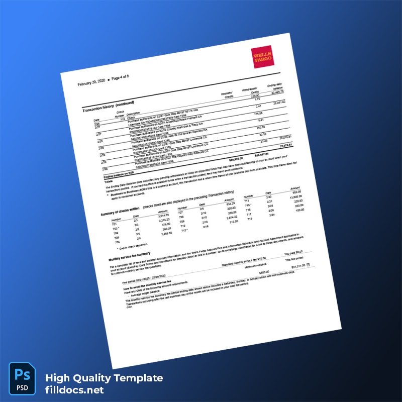 USA Wells Fargo Bank Statement Template in Word and PDF formats page 4
