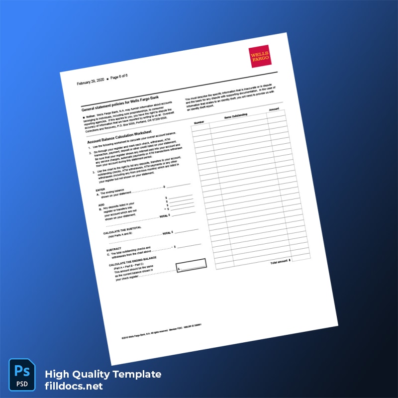 USA Wells Fargo Bank Statement Template in Word and PDF formats page 6