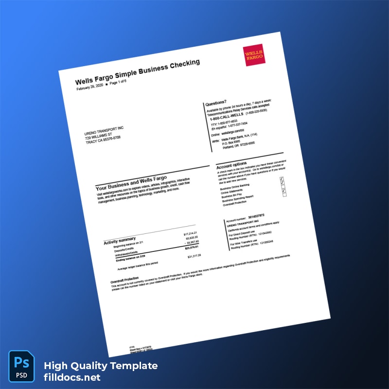 USA Wells Fargo Bank Statement Template in Word and PDF formats