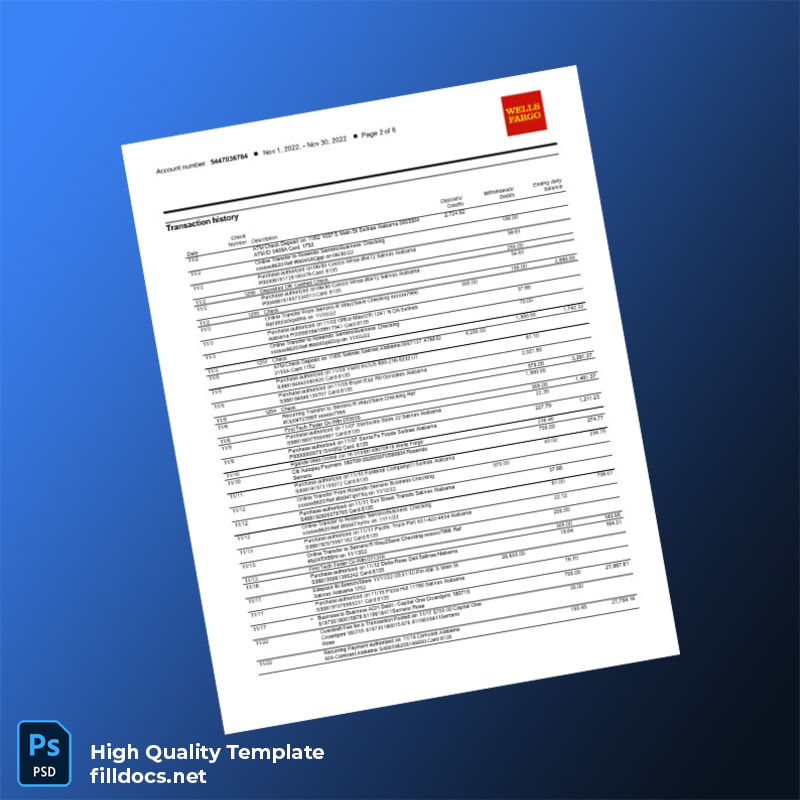 USA Wells Fargo Business Bank Statement Template in Word and PDF formats page 2