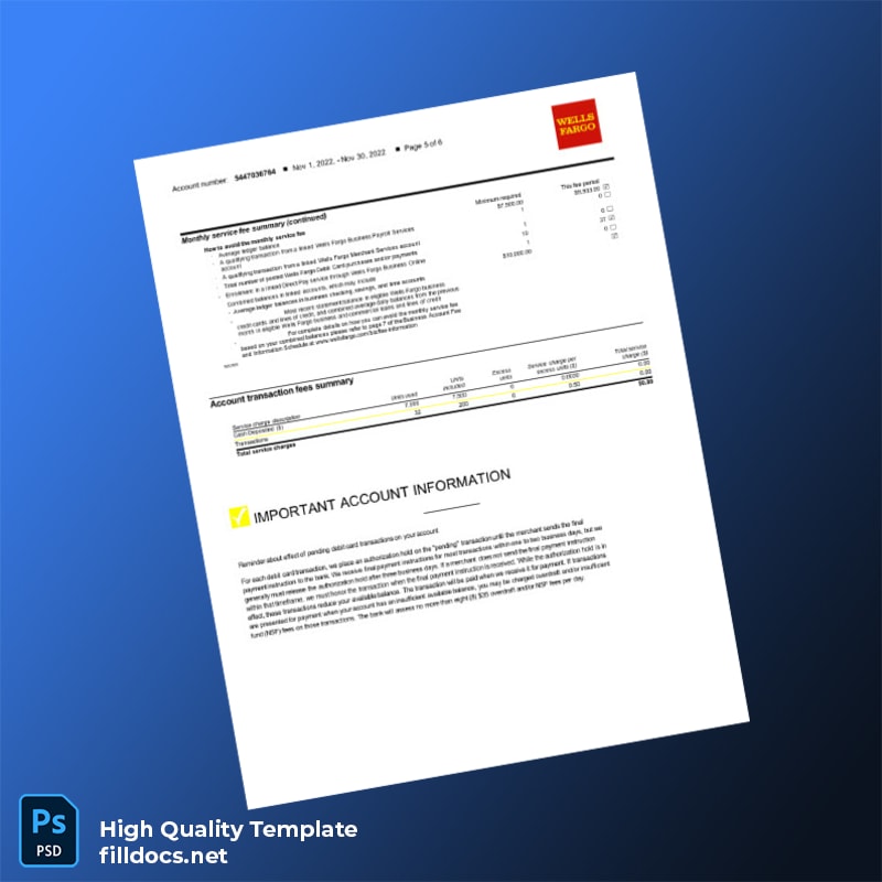 USA Wells Fargo Business Bank Statement Template in Word and PDF formats page 5