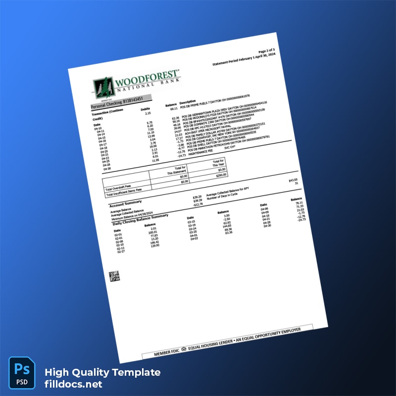 USA Woodforest Bank Statement Template in Word and PDF formats page 2
