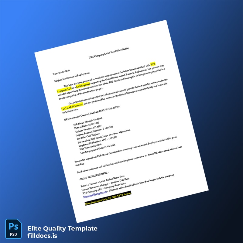 Fillable USA XYZ Company Employment Verification Letter Template - Word/PDF Template Preview - FillDocs