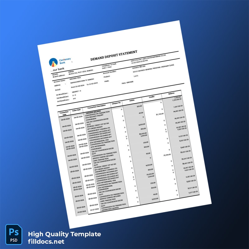 Uganda 32111 Savings General Personal Ordinary UGX Bank Statement Template in Word and PDF formats