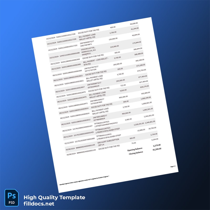 Uganda Absa Bank Statement Template in Word and PDF formats page 2