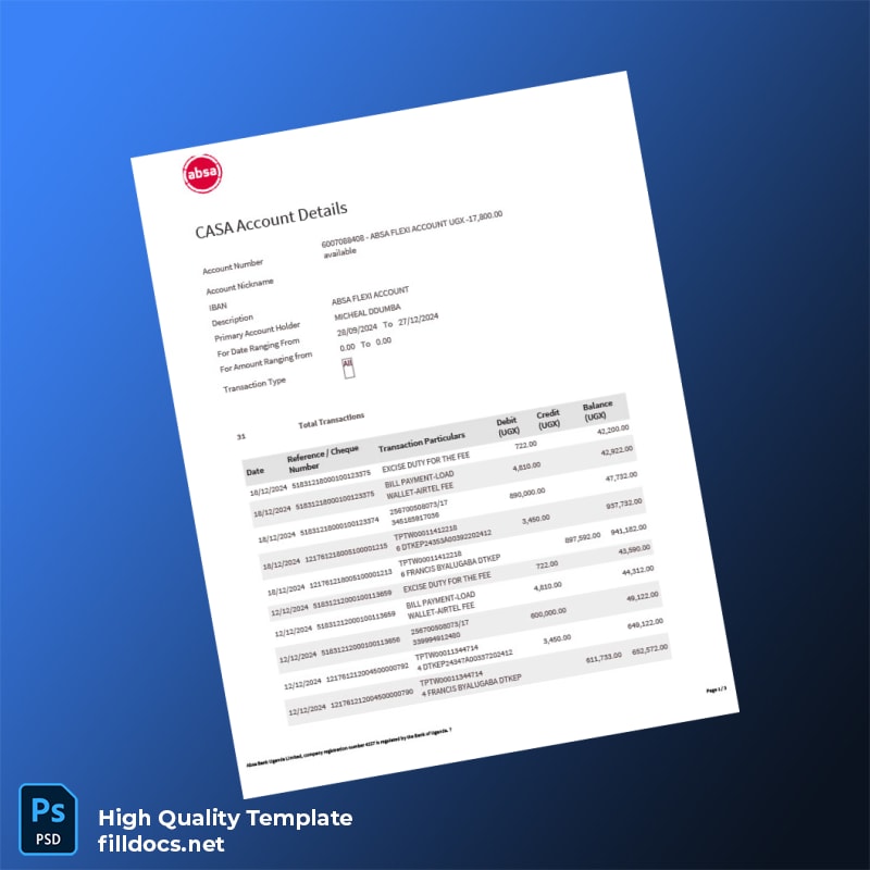 Uganda Absa Bank Statement Template in Word and PDF formats