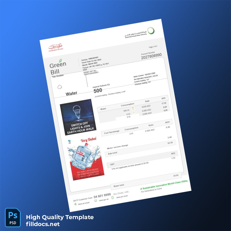 United Arab Emirates Dubai Electricity And Water Authority Editable Utility Bill Template in Word and PDF formats page 4