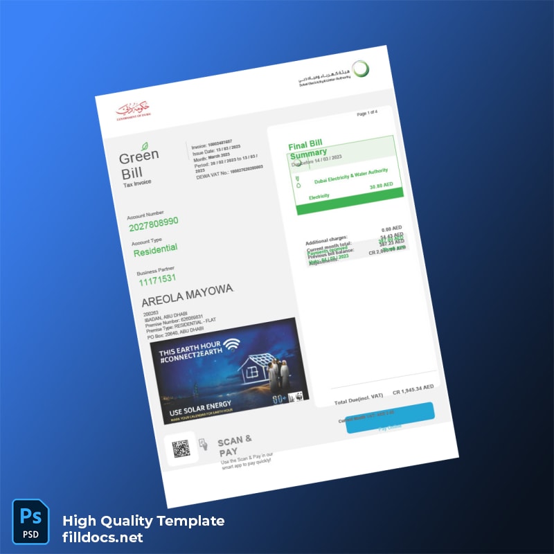 United Arab Emirates Dubai Electricity And Water Authority Editable Utility Bill Template in Word and PDF formats