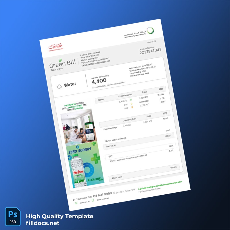 United Arab Emirates Dubai Electricity Water Authority DEWA Editable Utility Bill Template in Word and PDF formats page 3