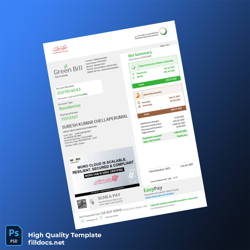 United Arab Emirates Dubai Electricity Water Authority DEWA Editable Utility Bill Template in Word and PDF formats