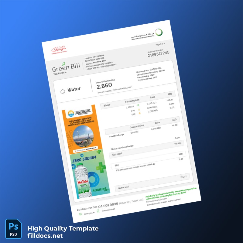 United Arab Emirates Dubai Electricity Water Authority Editable Electricity Bill Template in Word and PDF formats page 3