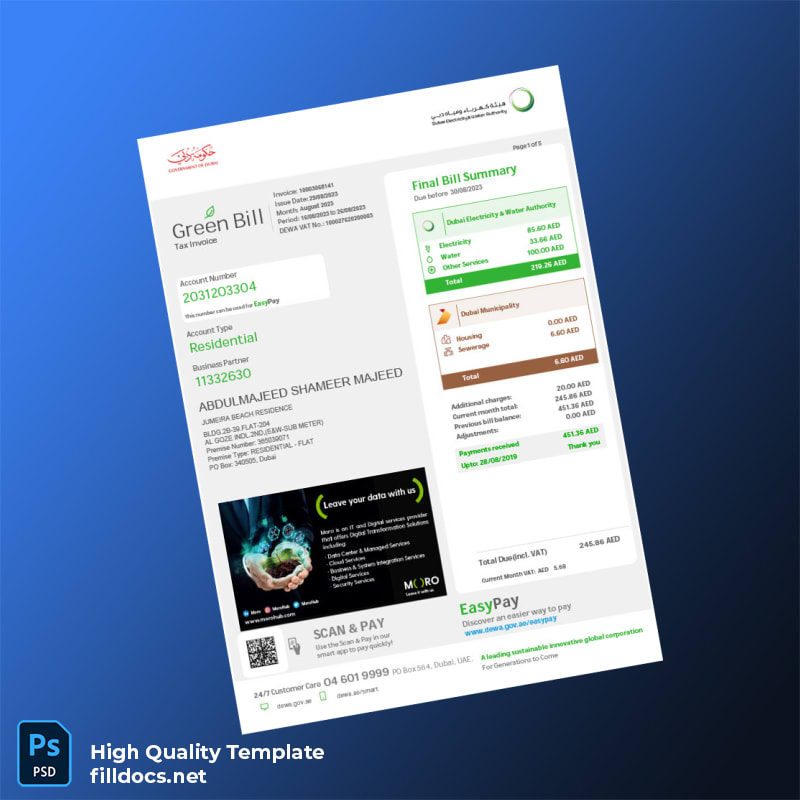 United Arab Emirates Dubai Electricity Water Authority Editable Utility Bill Template in Word and PDF formats