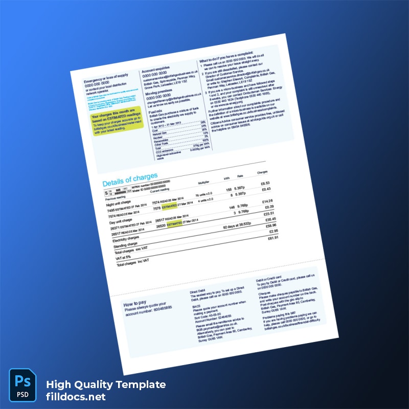 United Kingdom British Gas Editable Gas Bill Template in Word and PDF formats page 2