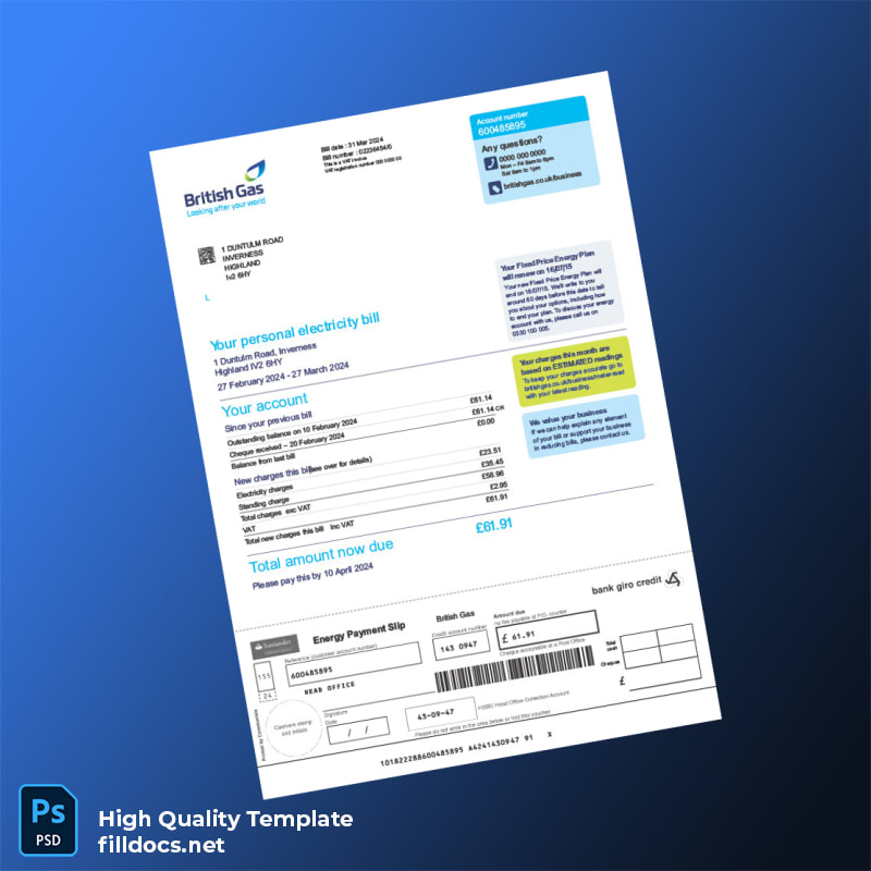 United Kingdom British Gas Editable Gas Bill Template in Word and PDF formats