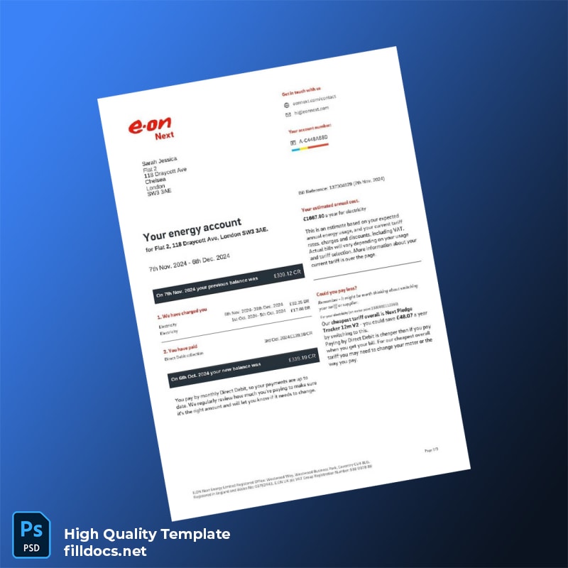 United Kingdom E ON Next Energy Limited Editable Utility Bill Template in Word and PDF formats