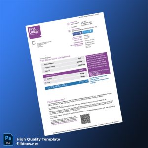 United Kingdom First Utility Ltd Editable Electricity Bill Template in Word and PDF formats