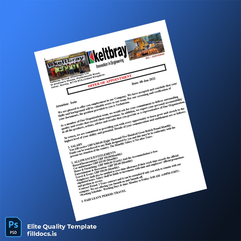Fillable United Kingdom Keltbray Group Employment Verification Letter Template - Word/PDF Template Preview - FillDocs