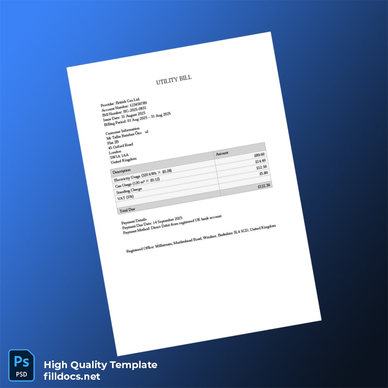 United Kingdom Millstream Editable Utility Bill Template in Word and PDF formats