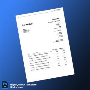 United Kingdom Monzo Bank Statement Template in Word and PDF formats