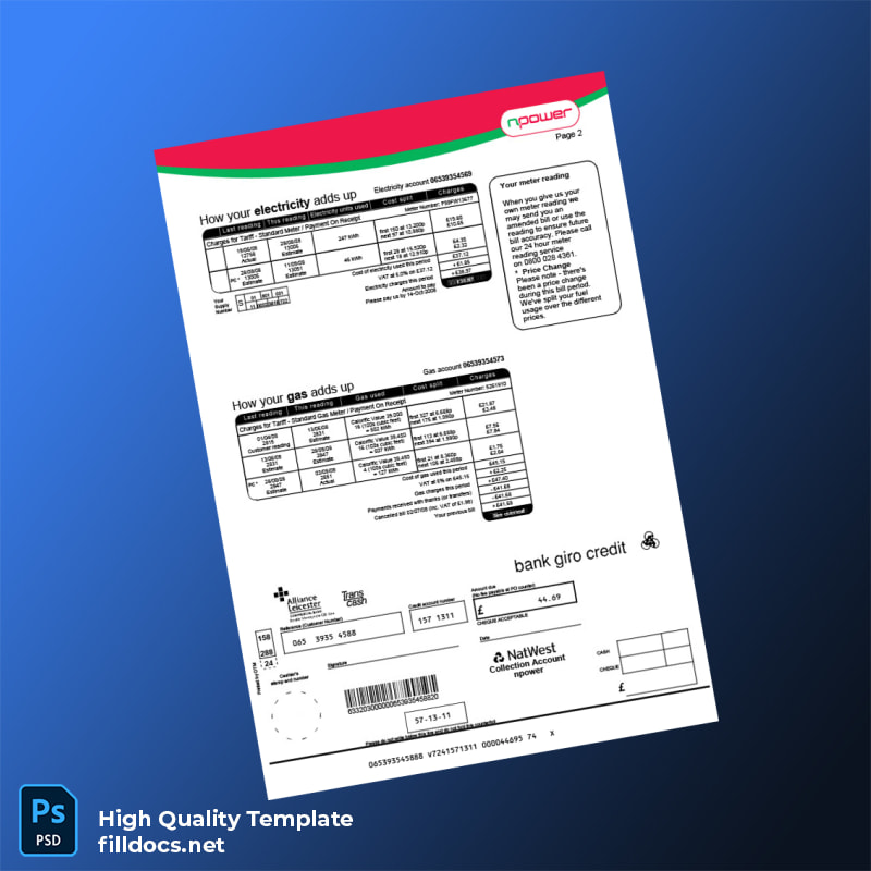 United Kingdom Npower Editable Dual Fuel Bill Template in Word and PDF formats page 2