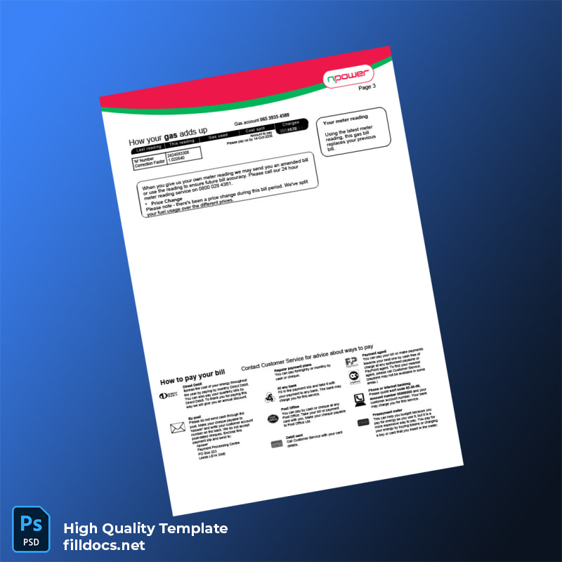 United Kingdom Npower Editable Dual Fuel Bill Template in Word and PDF formats page 3