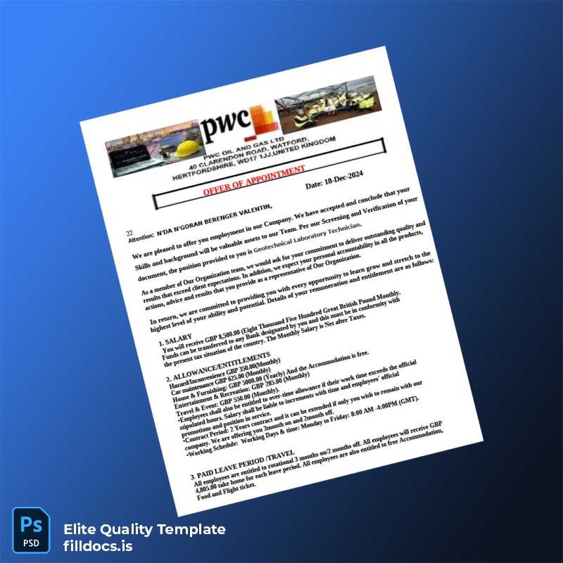 Fillable United Kingdom PWC Oil and Gas Ltd Employment Verification Letter Template - Word/PDF Template Preview - FillDocs